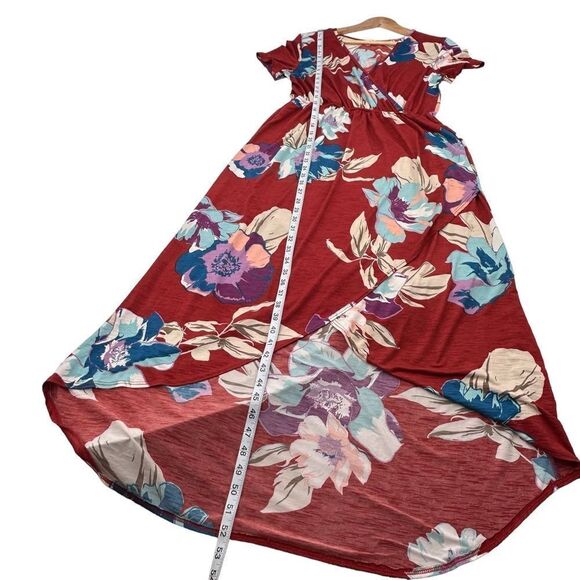 Emberley faux wrap dress high low rusty red blue lavender floral size medium - Picture 7 of 10
